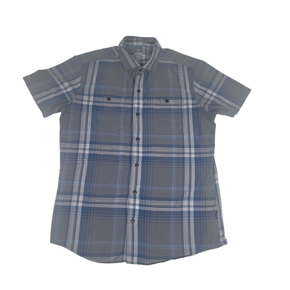 Kuhl Button Up Shirt Men's S Blue White Gray Plaid Short Sleeve Hiking Outdoor